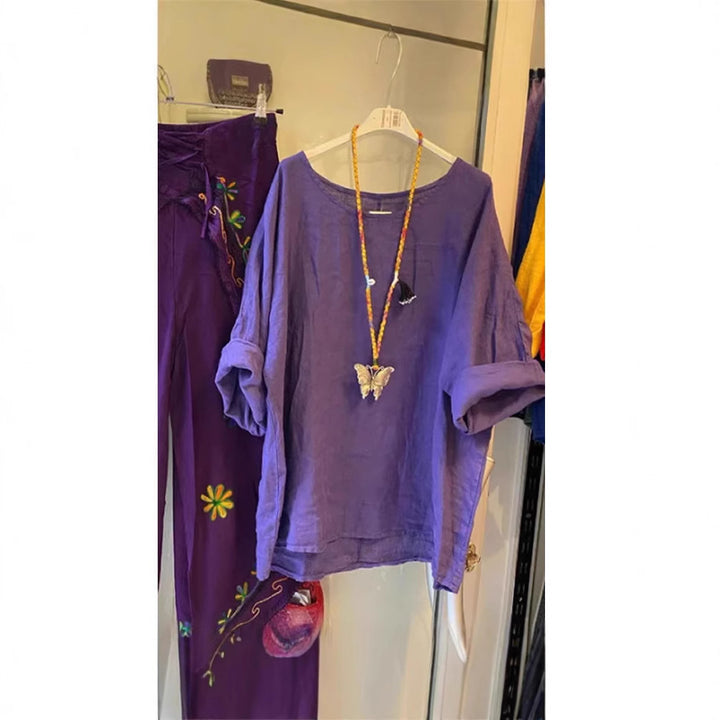 Damen Lockere Leinenbluse mit lässigem Schnitt und Rollärmeln Drune
