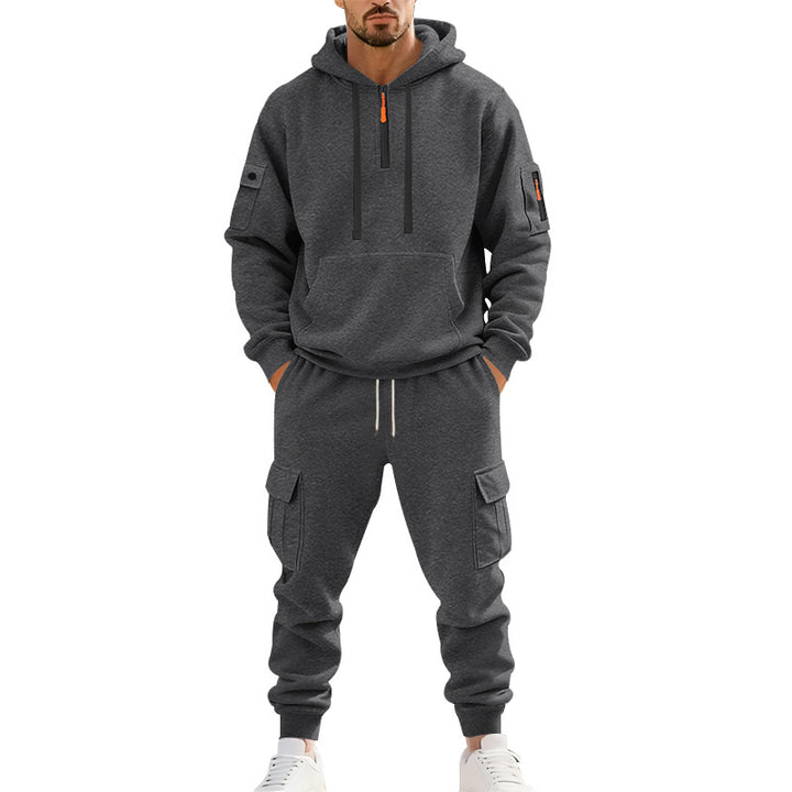 Herren nan zweiteiliges Utility-Freizeitset Hoodie mit halbhohem Reißverschluss, Ärmeltasche und Cargo-Jogginghose mit Klappentaschen Drune