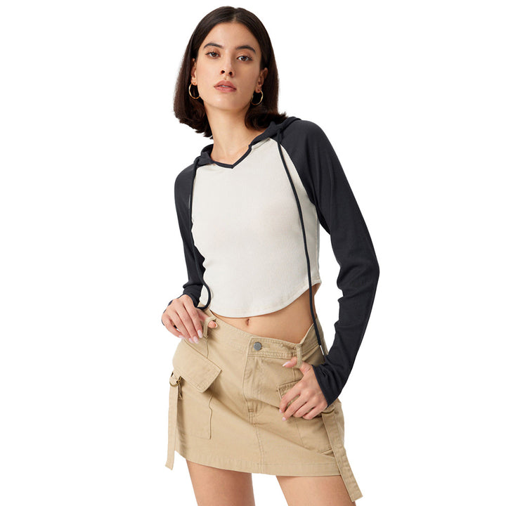 Damen cropped Sportoberteil mit Kapuze und langen Ärmeln Drune