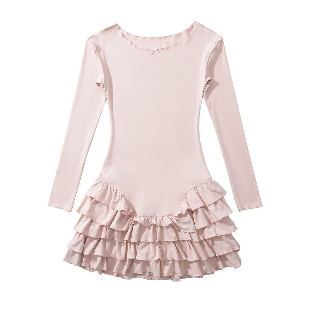 Damen Rüschens Mini-Kleid mit langen Ärmeln und ausgestelltem Saum Drune