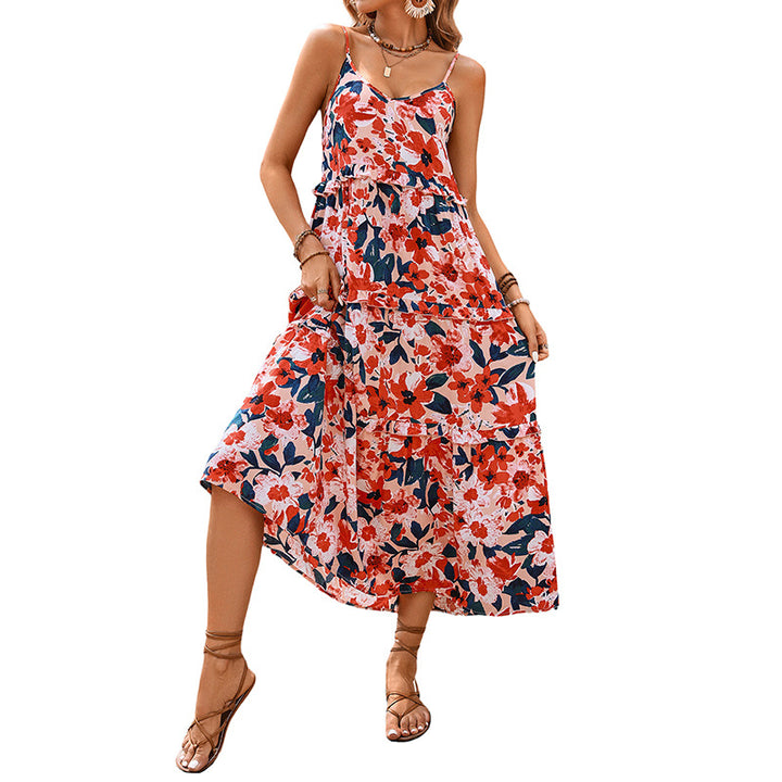 Damen Maxikleid mit floralen Rüschen und Spaghettiträgern Drune
