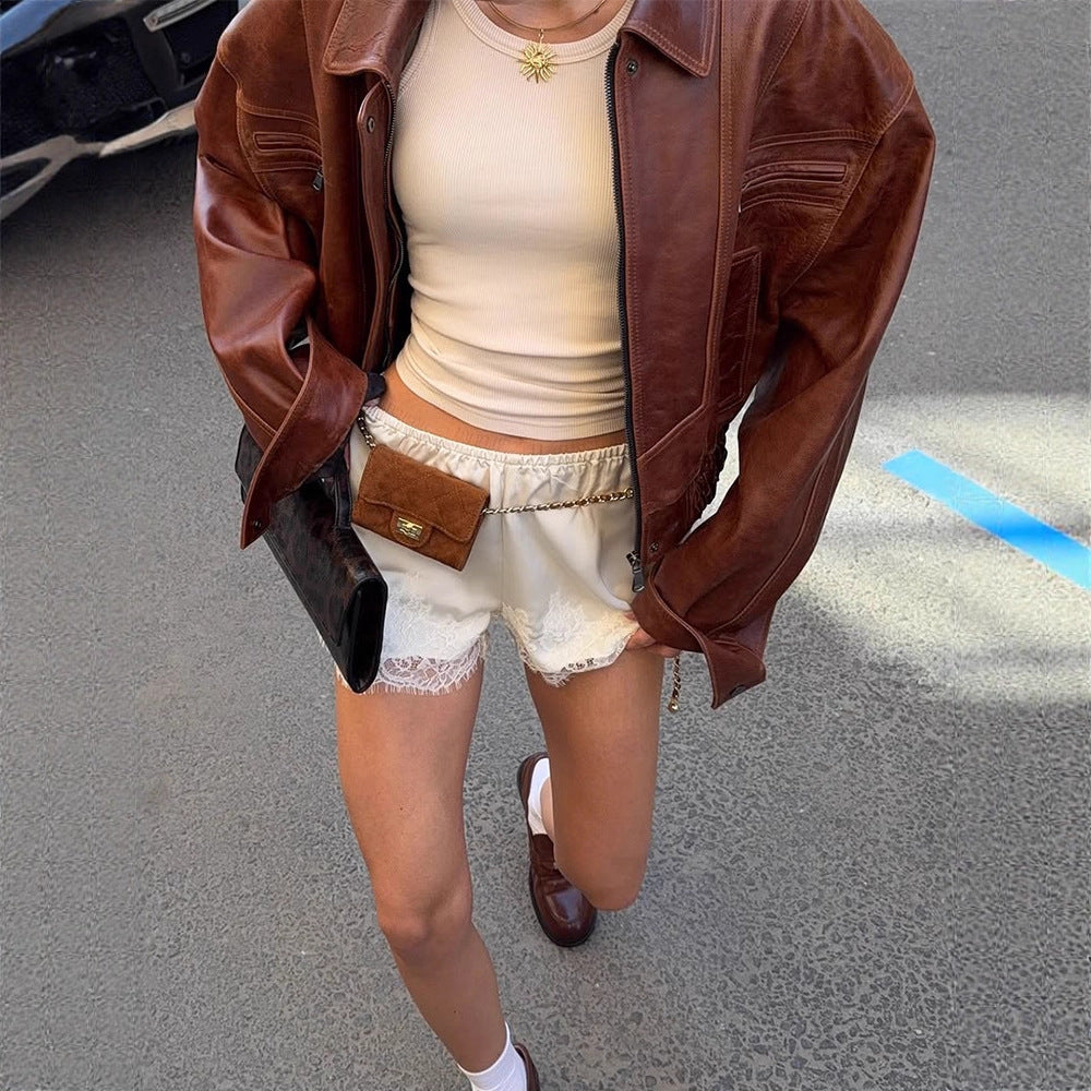 Damen lässige Kunstlederjacke im Oversized-Stil Drune