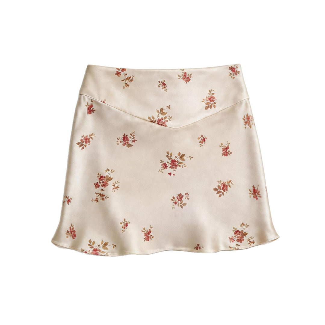 Damen Kurzer Satinrock mit floralem Design und weich fließender Silhouette Drune