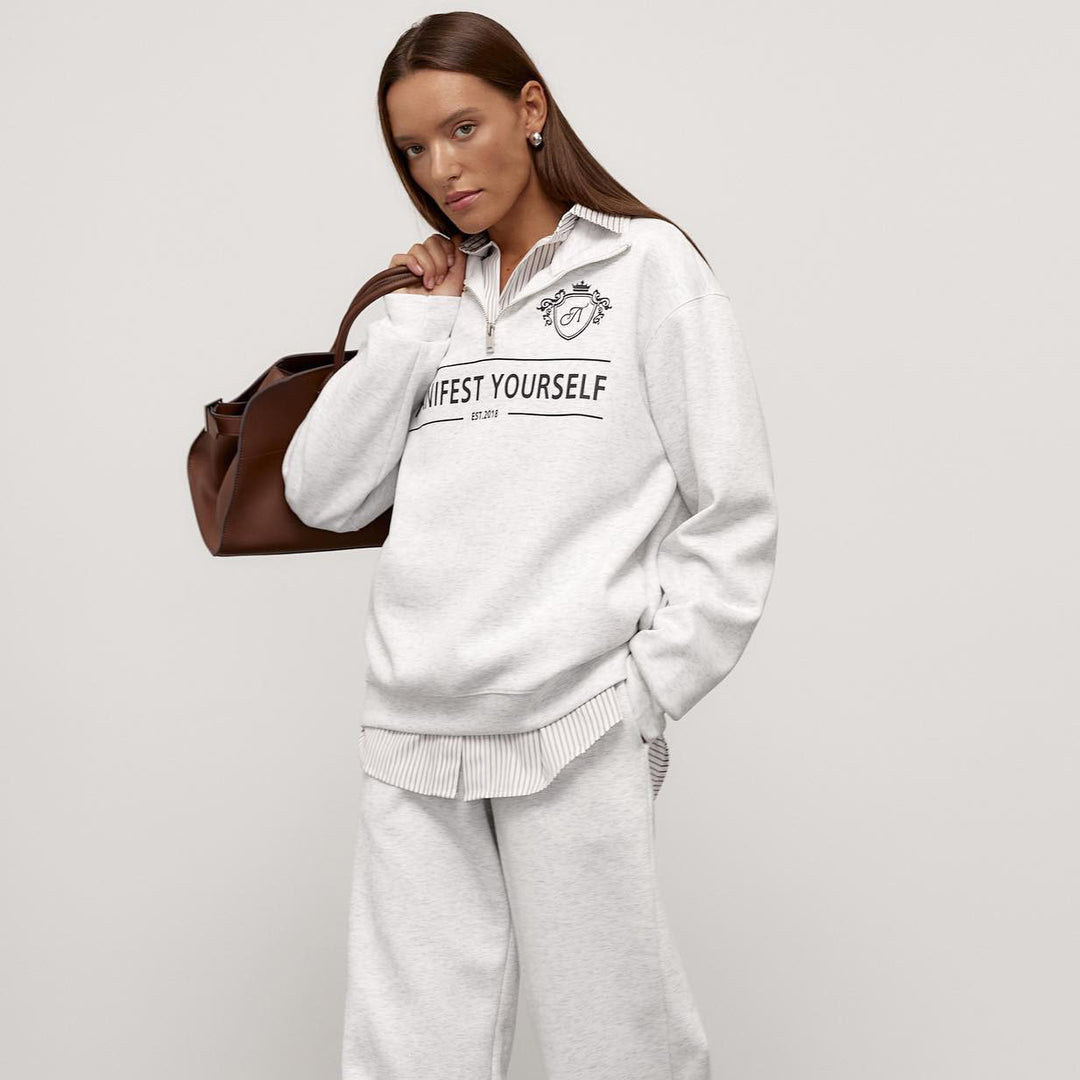 Damen Sweatshirt mit modischem Stehkragen und kreativem Aufdruck Drune