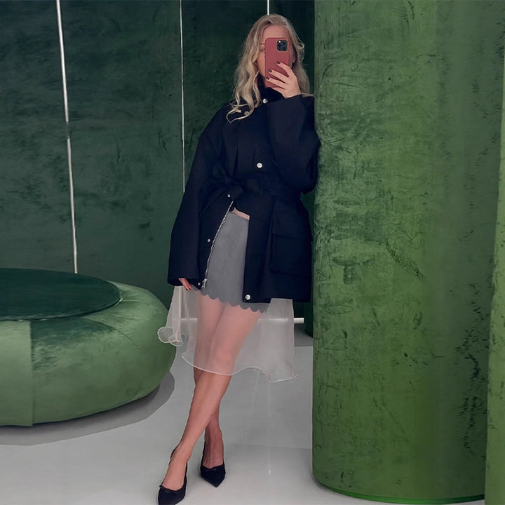 Damen Langer Trenchcoat mit breitem Kragen und taillierbarem Gürtel Drune
