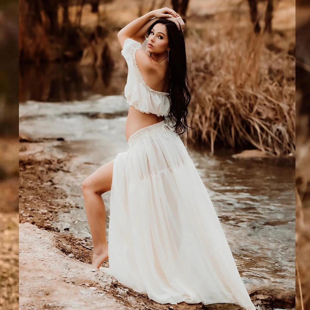 Frauen Off-Shoulder Schwangerschaft Maxi Rock Set Drune