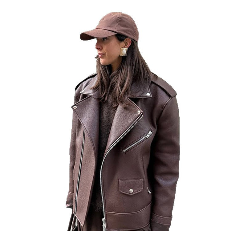 Damen Kunstleder Bikerjacke mit erhöhtem Kragen und elegantem Schnitt Drune