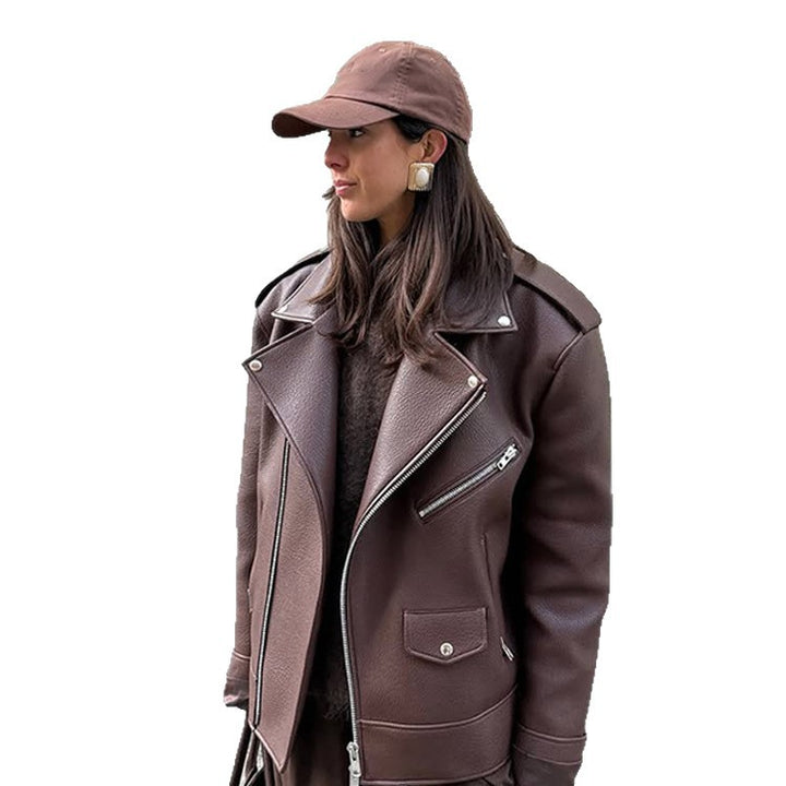 Damen Kunstleder Bikerjacke mit erhöhtem Kragen und elegantem Schnitt Drune