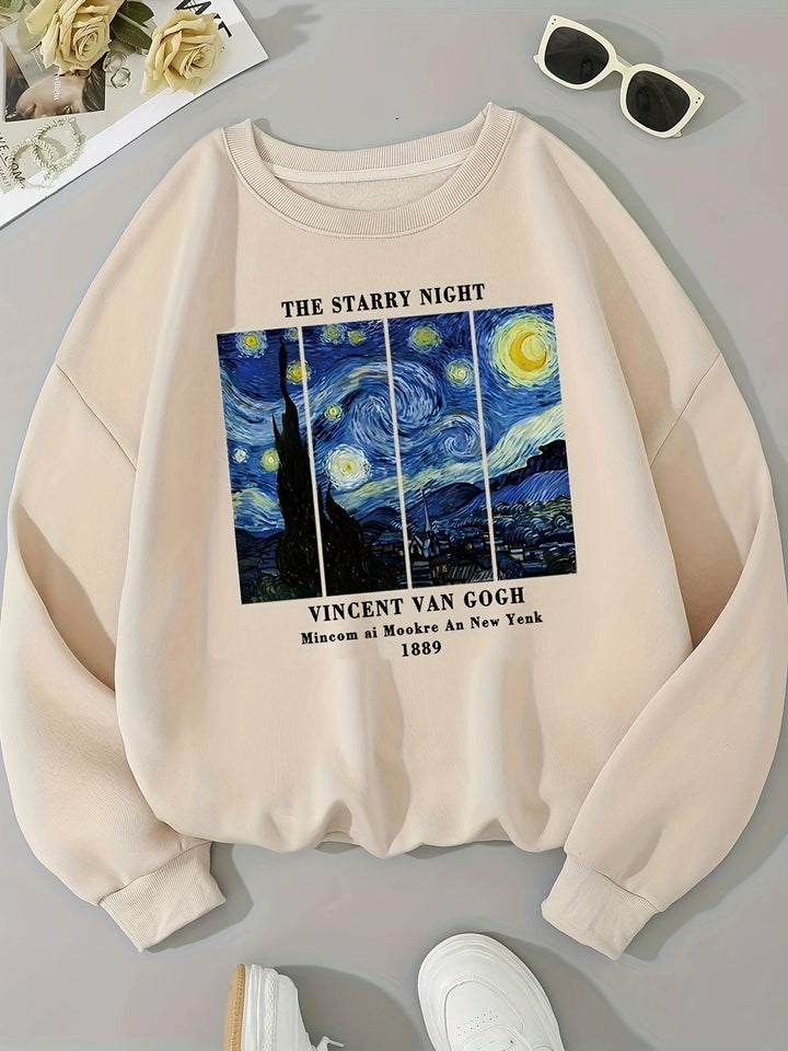 Damen Sweatshirt mit künstlerischem Van Gogh Motiv und modernem Druck Drune
