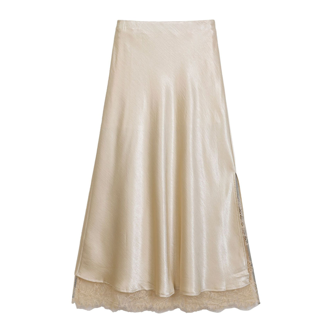 Damen nan ausgestellter Satin-Midirock mit feiner Spitzenunterlage und nahtlosem Taillenbund Drune