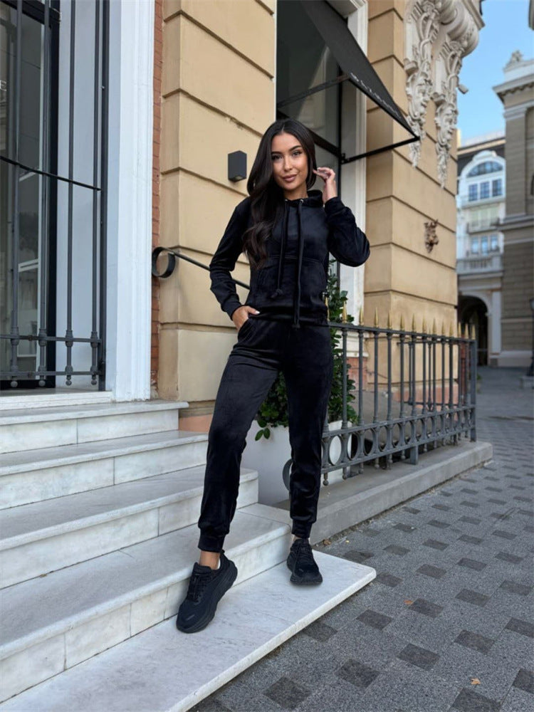 Damen lässiges Fleece-Jogginganzug-Set mit Kapuze und elastischem Bund Drune