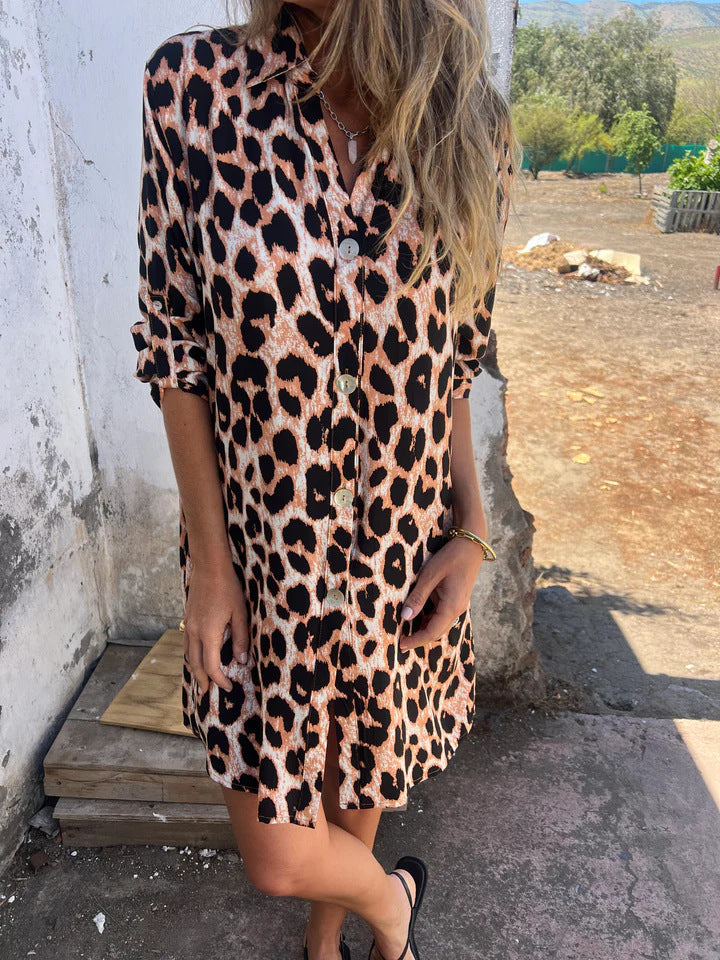 Damen Knopfleiste Leopardenmuster Hemdkleid Drune