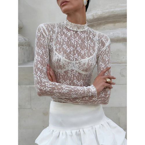 Damen Spitzenbluse mit hohem Kragen und langen Ärmeln Drune