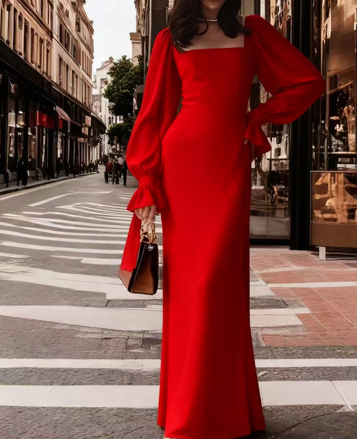 Damen elegantes Maxikleid mit Puffärmeln und quadratischem Ausschnitt Drune