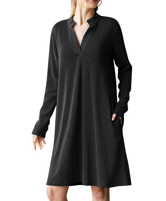 Damen lässiges Langarmkleid mit Knopfleiste und Taschen Drune
