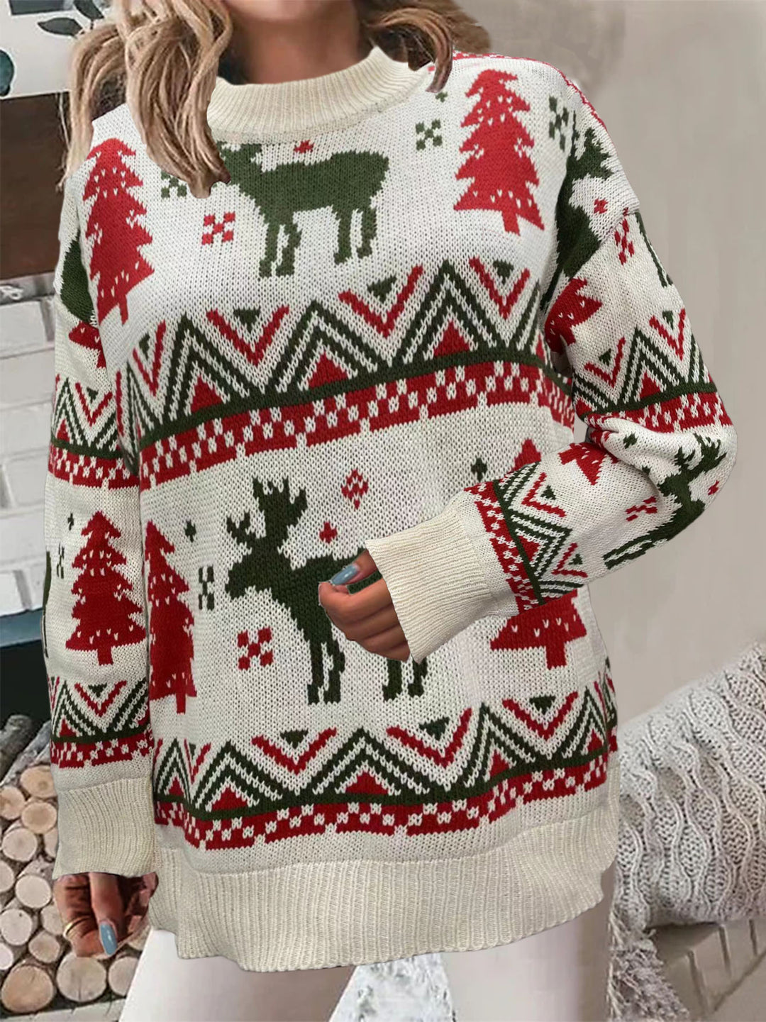 Damen Gemütlicher Weihnachts-Pullover mit festlichem Motiv und hoher Passform Drune