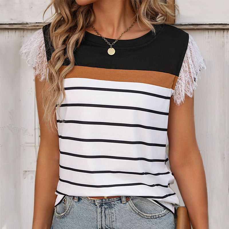 Damen T-Shirt mit elegantem Spitzenbesatz und gestreiftem Design Drune