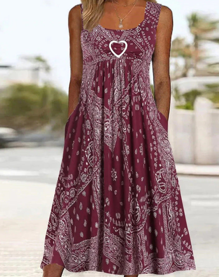 Damen nan luftiges Maxi-Kleid mit Paisley-Bandana-Print, geraffter Empire-Taille und praktischen Seitentaschen Drune