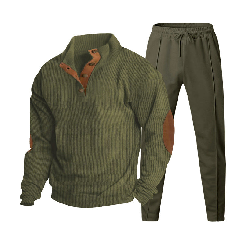 Herren nan gerippter Henley-Freizeitanzug mit dekorativer Knopfleiste und Wildleder-Ellenbogenpatch konisch geschnittene Jogginghose Drune
