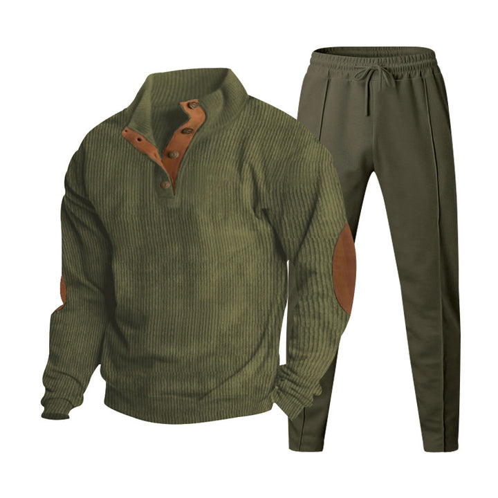Herren nan gerippter Henley-Freizeitanzug mit dekorativer Knopfleiste und Wildleder-Ellenbogenpatch konisch geschnittene Jogginghose Drune