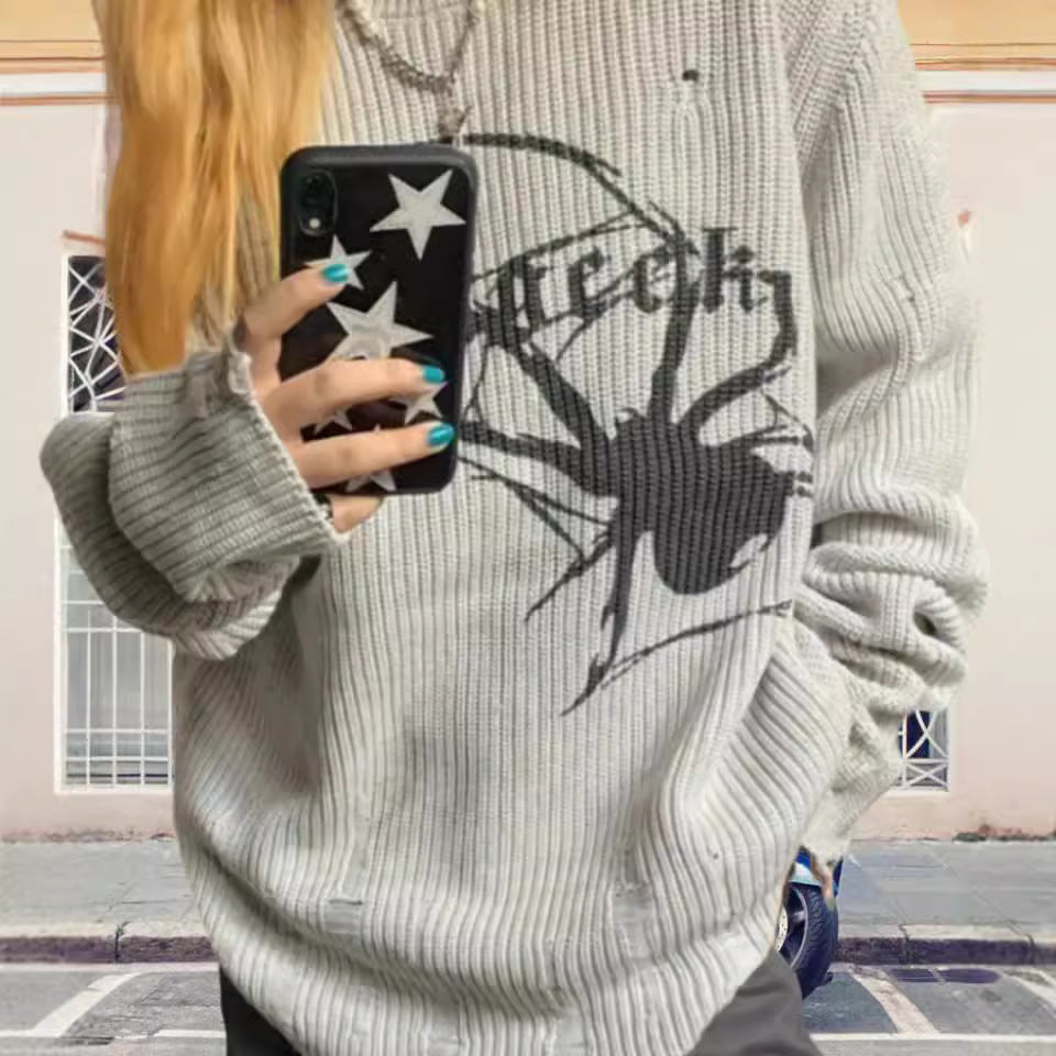 Damen Oversized Strickpullover mit auffälligem Spinnenmuster Drune
