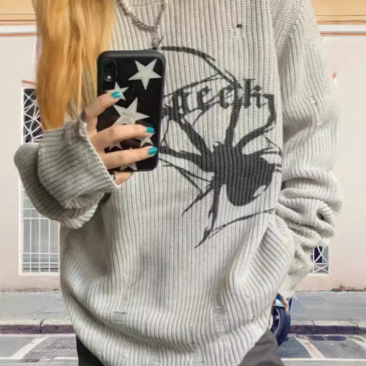 Damen Oversized Strickpullover mit auffälligem Spinnenmuster Drune