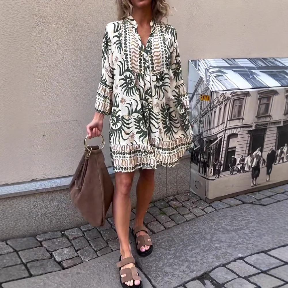 Damen nan locker geschnittenes Boho-Tunikakleid mit V-Ausschnitt geraffter Empire-Naht und Volant-Saum Drune