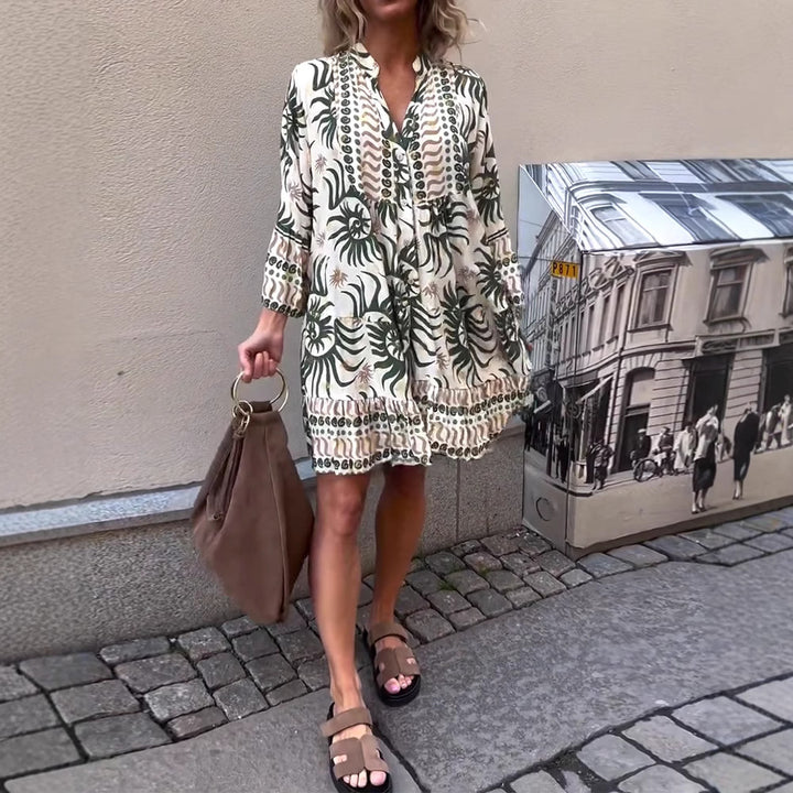 Damen nan locker geschnittenes Boho-Tunikakleid mit V-Ausschnitt geraffter Empire-Naht und Volant-Saum Drune