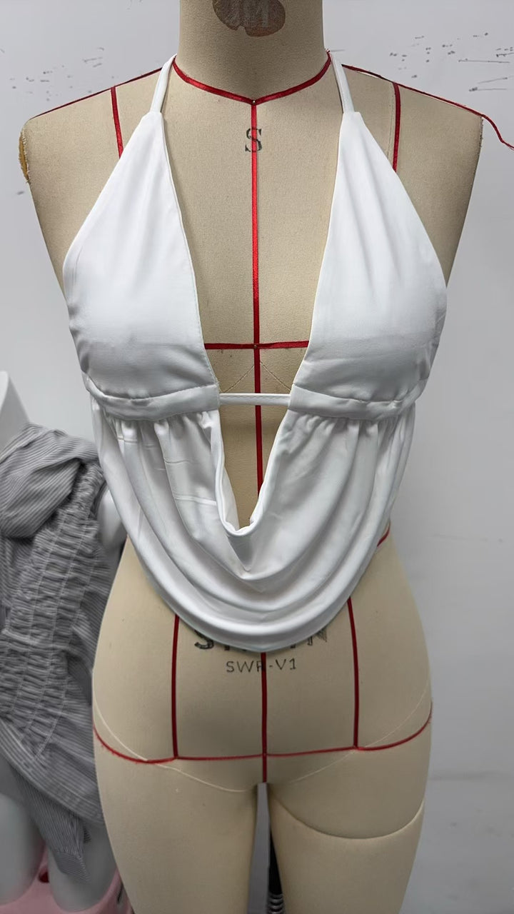 Damen lässiges Halter-Top mit tiefem V-Ausschnitt und asymmetrischer Drapierung Drune