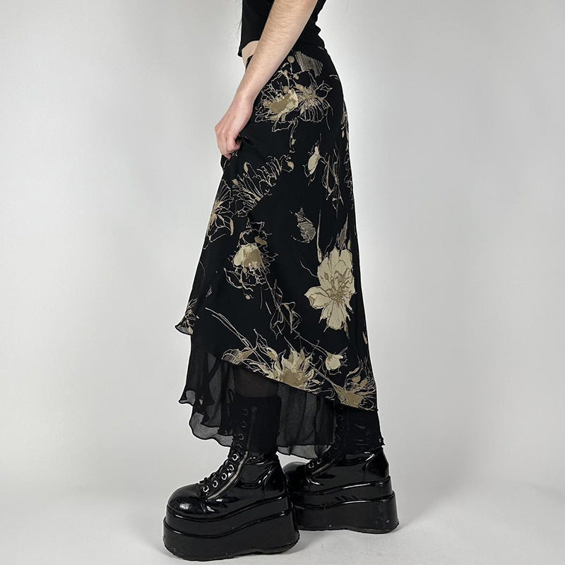 Damen Eleganter Maxirock mit floralem Muster und transparentem Untergrund Drune