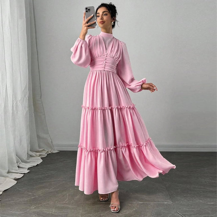 Damen Maxikleid mit eleganten Rüschendetails und gerafftem Oberteil Drune