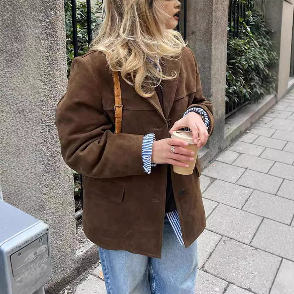Damen lässige Wildlederjacke mit oversized Schnitt Drune