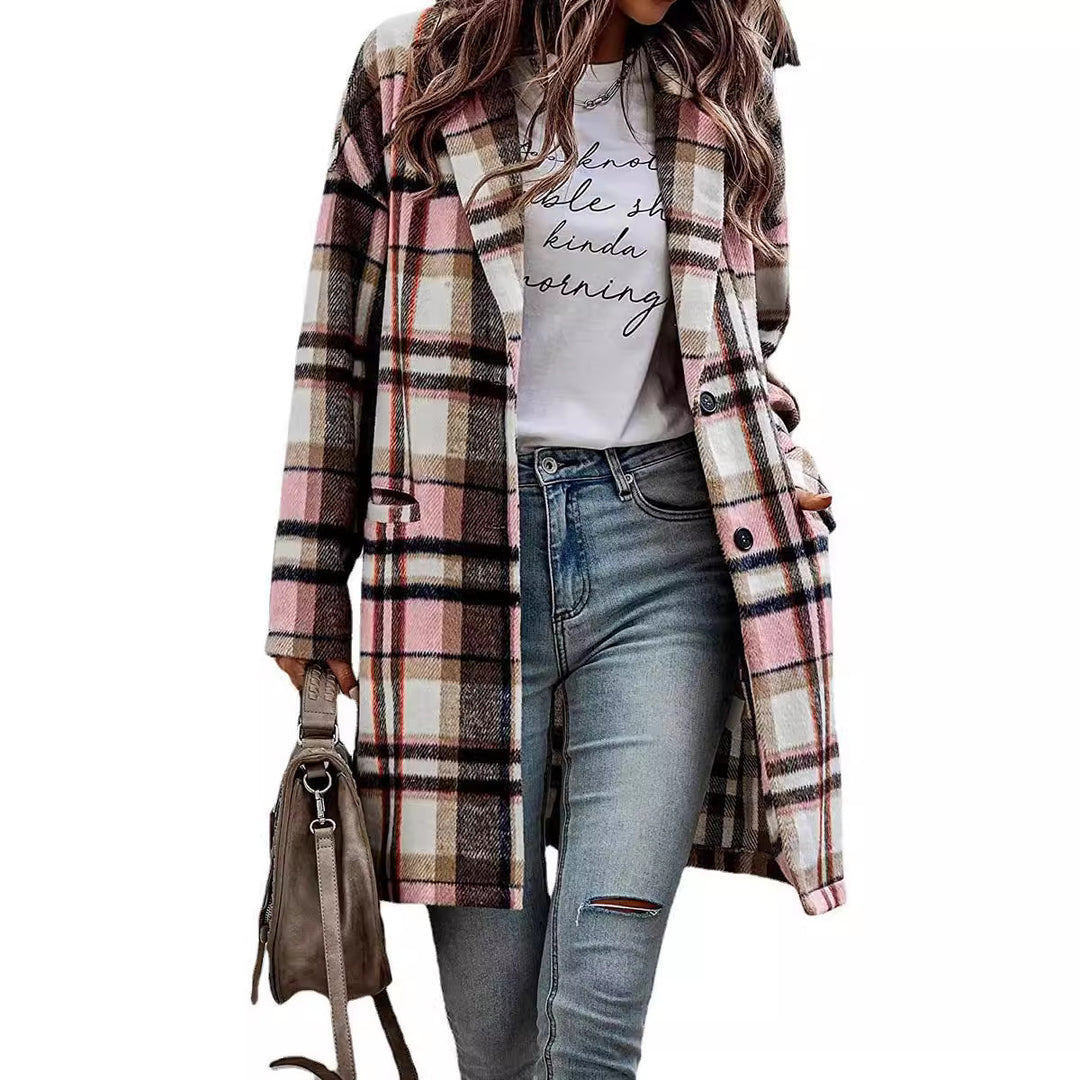 Damen Karierter Oversized-Mantel mit stilvollen Taschen und Umschlagkragen Drune