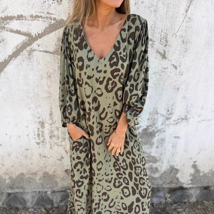 Damen Maxikleid mit exklusivem Leopardenmuster und praktischen Seitentaschen Drune