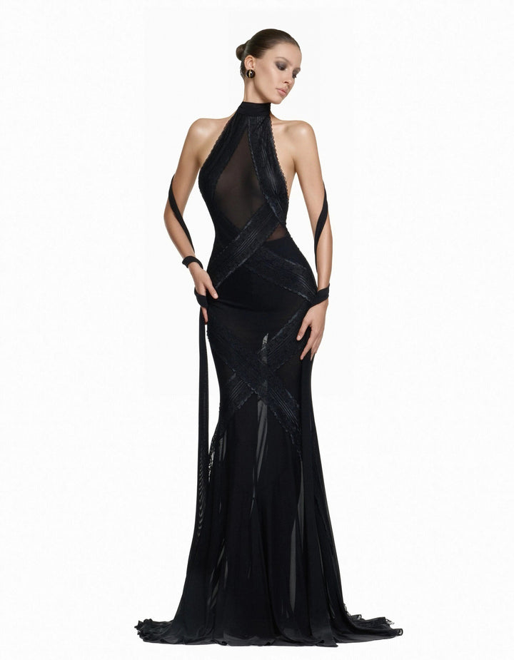 Damen Glamouröses Langarmkleid mit transparenten Einsätzen und raffinierten Drapierungen Drune