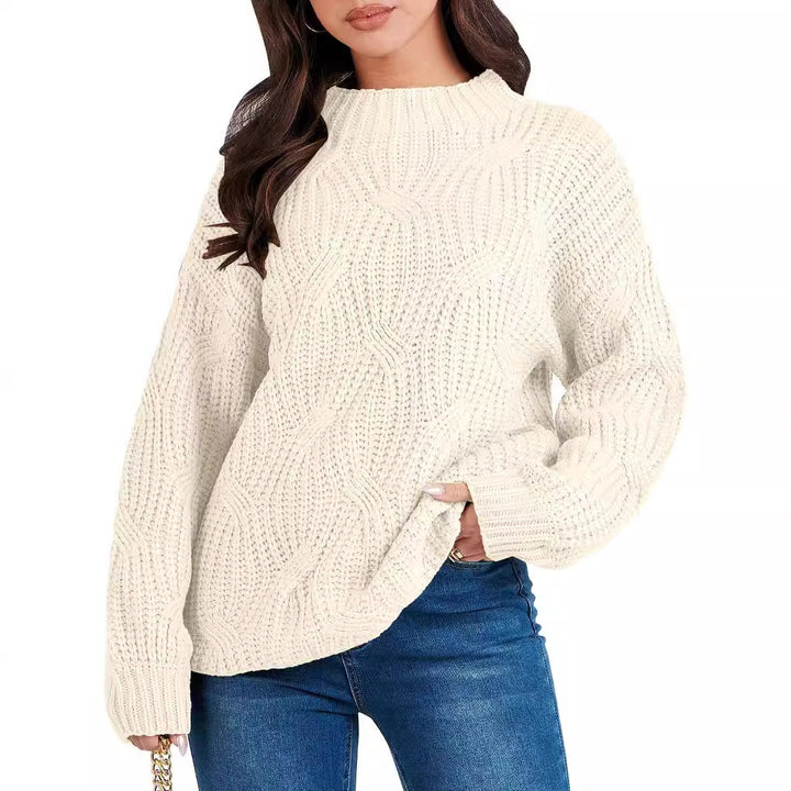 Damen Grobstrickpullover mit extravagantem Wellenmuster und hohem Kragen Drune
