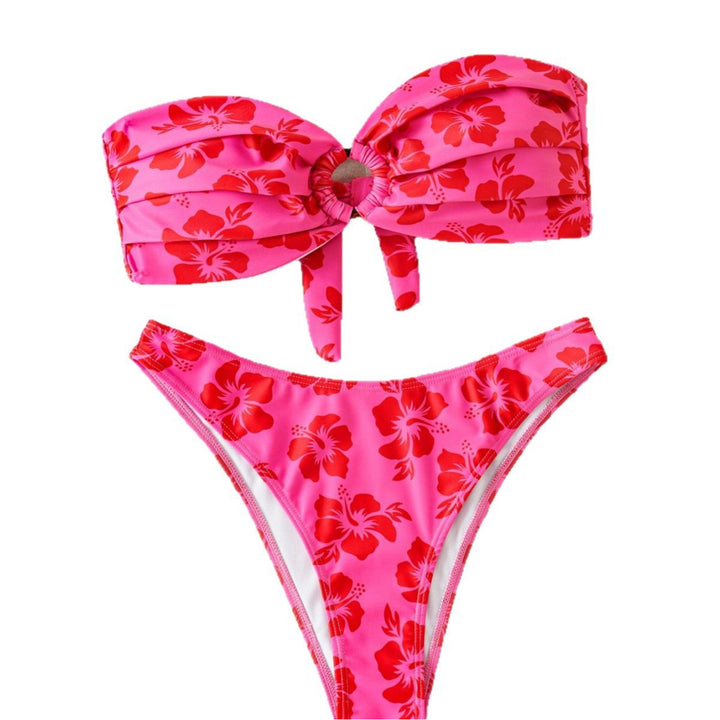 Damen Bandeau-Bikini-Set mit verziertem Knoten und floralem Muster Drune
