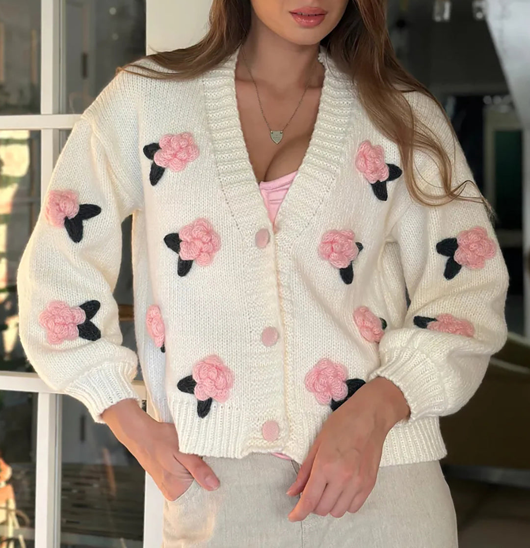 Damen Strickjacke mit floralen Applikationen und voluminösen Ärmeln Drune