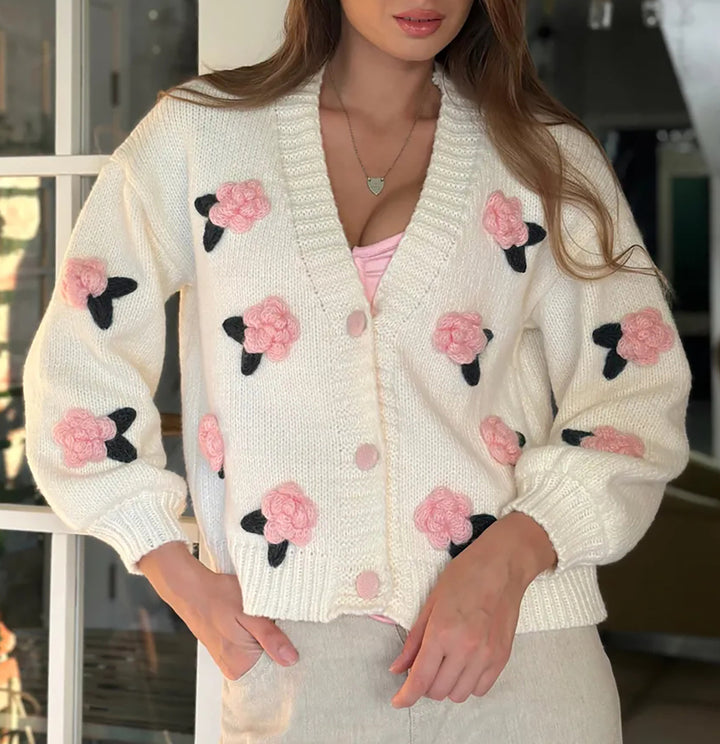 Damen Strickjacke mit floralen Applikationen und voluminösen Ärmeln Drune