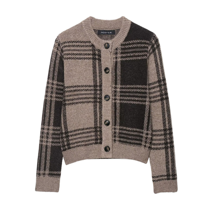 Damen Modische Karostrickjacke mit Knopfleiste und Rundhalsausschnitt Drune