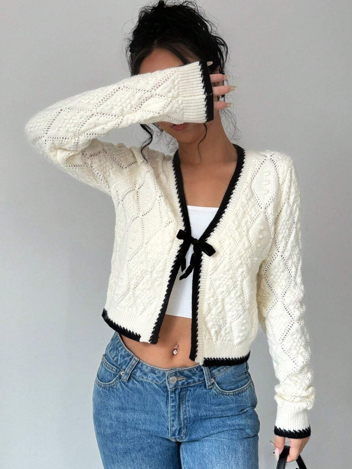 Damen lässige Strickjacke mit kontrastierenden Rippeneinsätzen und Kordelzug Drune