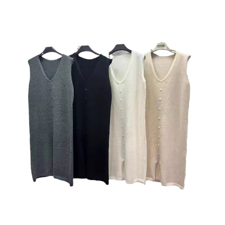 Damen Knielanges Strickkleid mit Knopfleiste und V-Ausschnitt Drune