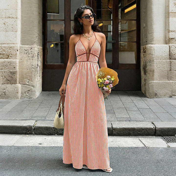 Damen Maxi-Kleid mit tiefem V-Ausschnitt und raffiniertem Streifenmuster Drune