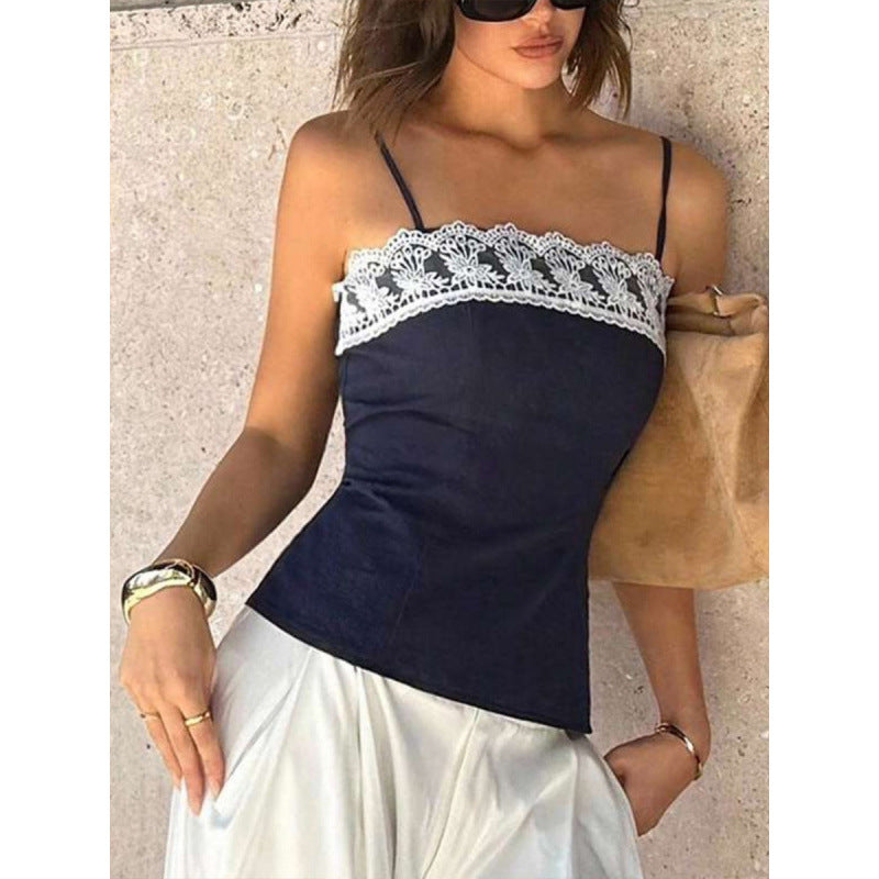 Damen Spaghetti-Träger Top mit elegantem Spitzenrand Drune