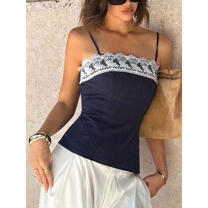 Damen Spaghetti-Träger Top mit elegantem Spitzenrand Drune