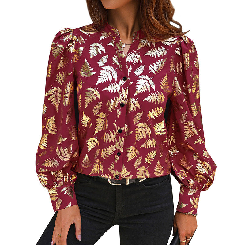 Damen Bluse mit elegantem Blattmuster und Puffärmeln Drune