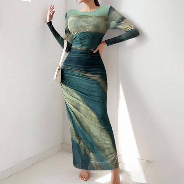Damen Elegantes Maxikleid mit raffiniertem Drapierungseffekt und langem Arm Drune