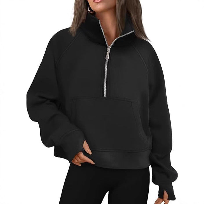 Damen nan oversized Halbzip Pullover mit Kängurutasche, Daumenlöchern und hohem Kragen Drune