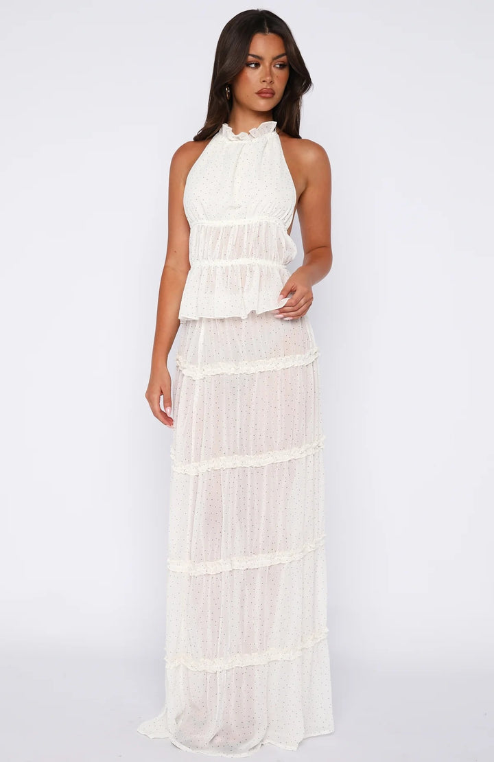 Damen Langärmliges Maxikleid mit elegantem Rüschen-Design und transparentem Stoff Drune