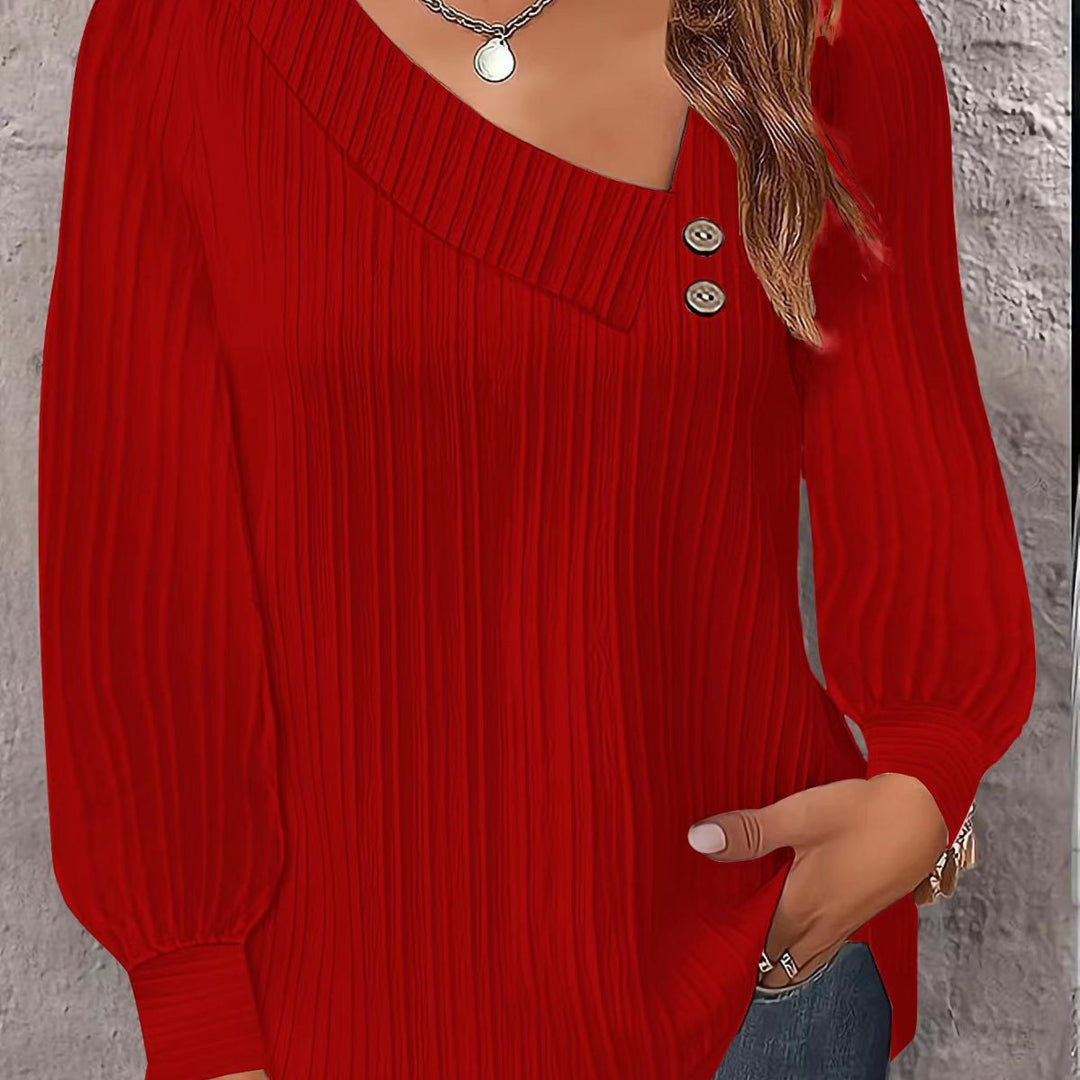 Damen stilvolles und elegantes Oberteil mit asymmetrischem Ausschnitt und Knopfleiste Drune
